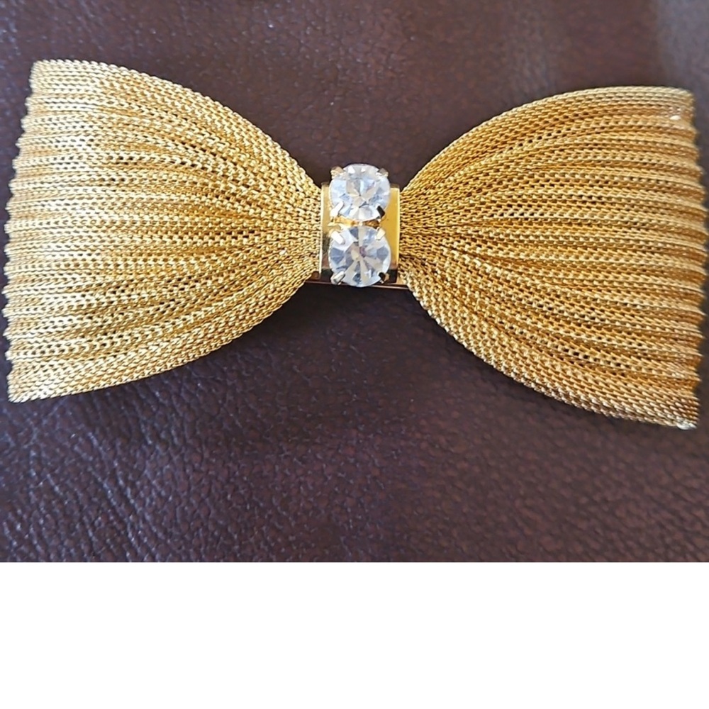 Vintage Gold Mesh Bow Hair Barrette w/ Crystal Accent